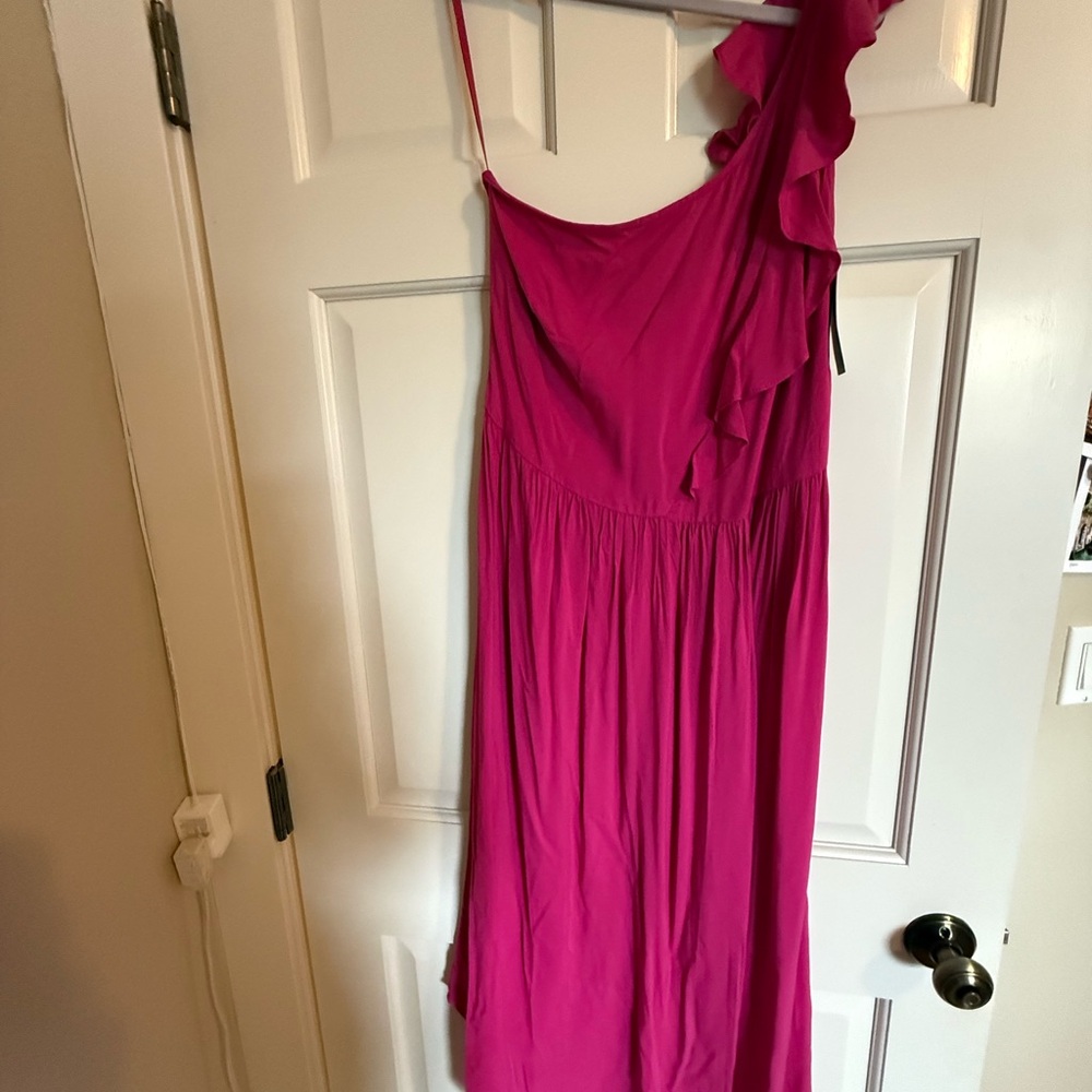 Pink One-Shoulder long Dress with Ruffle Detail